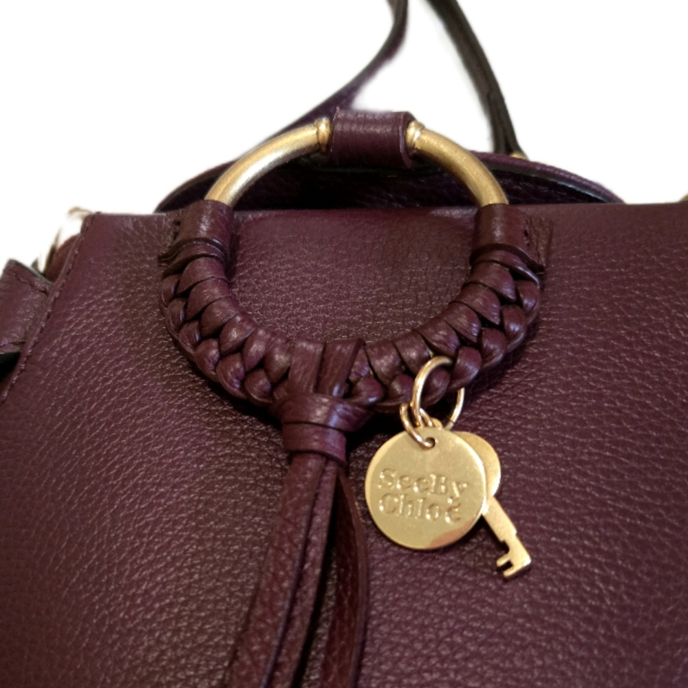 See By Chloe Leather Box Bag Crossbody Bucket Handbag Dusky Brown Burgandy - Picture 5 of 14